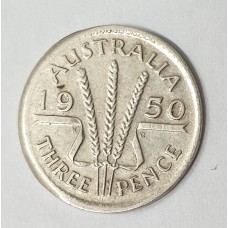 AUSTRALIA 1950 . THREEPENCE . ERROR . LARGE LIP . MISTRIKE